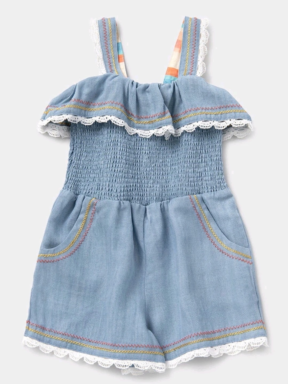 Matilda Jane Light Blue Smocked Romper with Lace Trim and Colorful Straps Sz 16